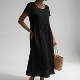 Robe Brodée Coton Empire Midi Courte Élégante Été Vacances