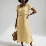 Robe Brodée Coton Empire Midi Courte Élégante Été Vacances