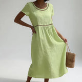 Robe Brodée Coton Empire Midi Courte Élégante Été Vacances