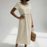 Robe Brodée Coton Empire Midi Courte Élégante Été Vacances