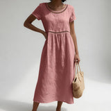 Robe Brodée Coton Empire Midi Courte Élégante Été Vacances