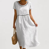 Robe Brodée Coton Empire Midi Courte Élégante Été Vacances