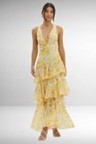 Robe Maxi Mousseline Plissée Évasée Volants Col V Élégant