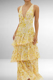 Robe Maxi Mousseline Plissée Évasée Volants Col V Élégant