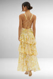 Robe Maxi Mousseline Plissée Évasée Volants Col V Élégant