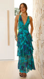 Robe Maxi Mousseline Plissée Évasée Volants Col V Élégant