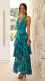 Robe Maxi Mousseline Plissée Évasée Volants Col V Élégant