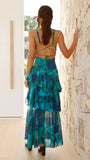 Robe Maxi Mousseline Plissée Évasée Volants Col V Élégant