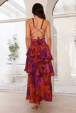 Robe Maxi Mousseline Plissée Évasée Volants Col V Élégant