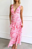 Robe Maxi Mousseline Plissée Évasée Volants Col V Élégant