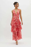 Robe Maxi Mousseline Plissée Évasée Volants Col V Élégant