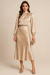 Robe Midi Taille Haute Col Haut Mélange Coton Élégant