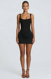 Robe Mini Ajustée Col Carré Larges Bretelles Extensible Élégant