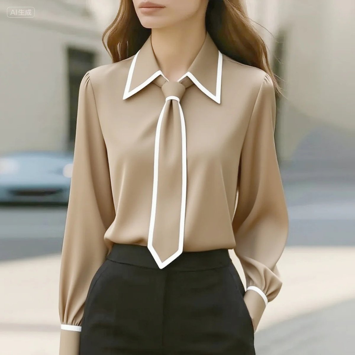 Blouse col cravate femme manches longues col chemisier