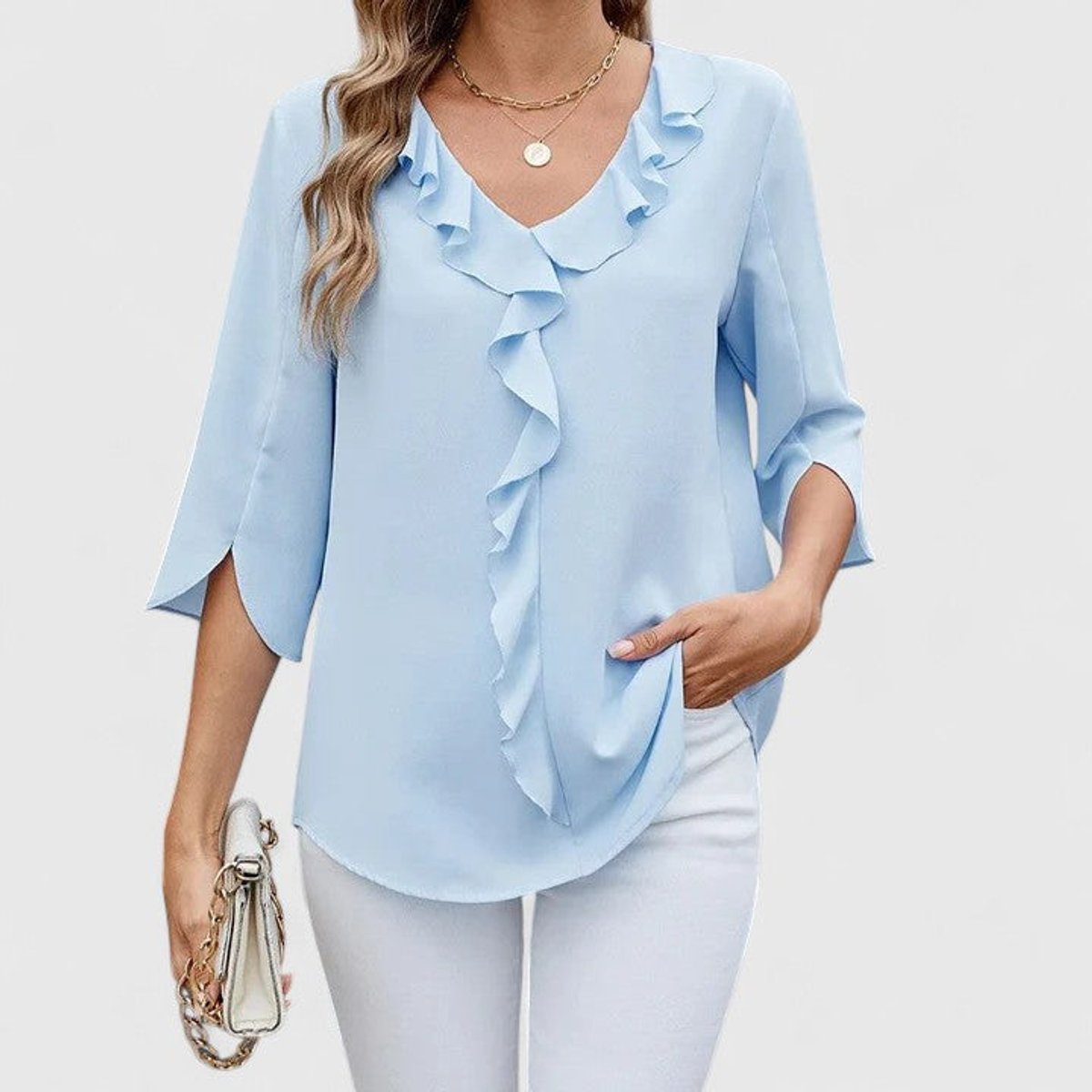 Blouse Col V à Volants Manches 3/4 Femme
