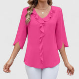 Blouse Col V à Volants Manches 3/4 Femme