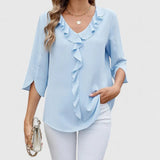 Blouse Col V à Volants Manches 3/4 Femme
