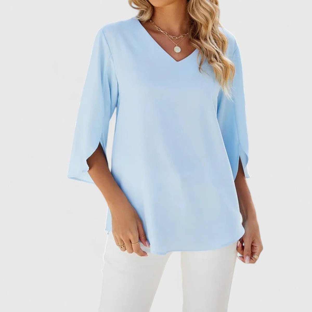 Blouse Col V à Volants Manches 3/4 Femme