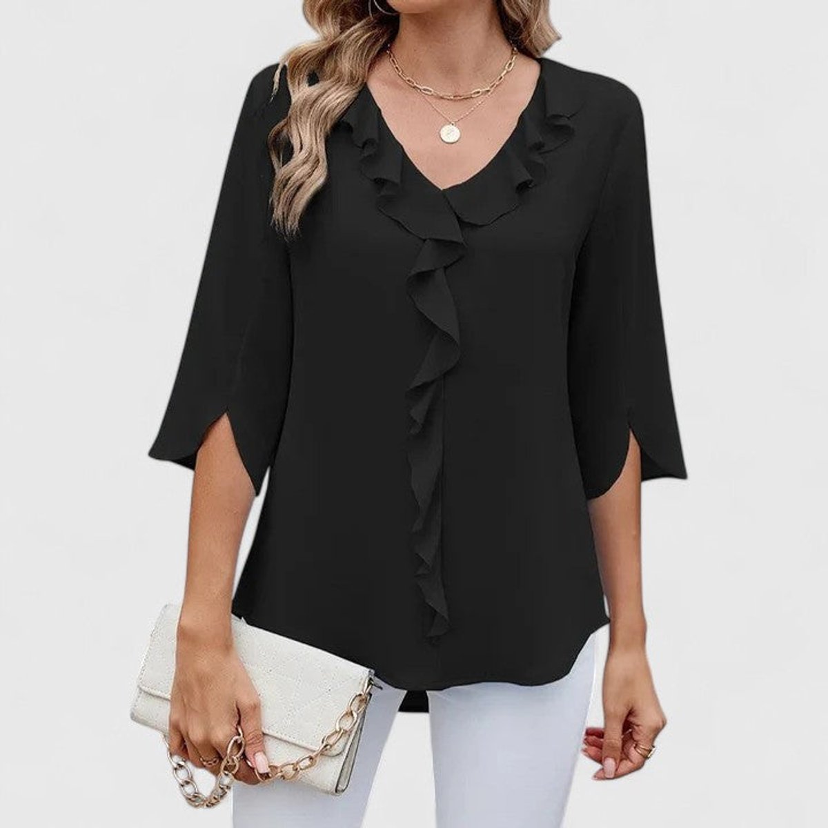 Blouse Col V à Volants Manches 3/4 Femme