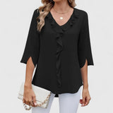 Blouse Col V à Volants Manches 3/4 Femme