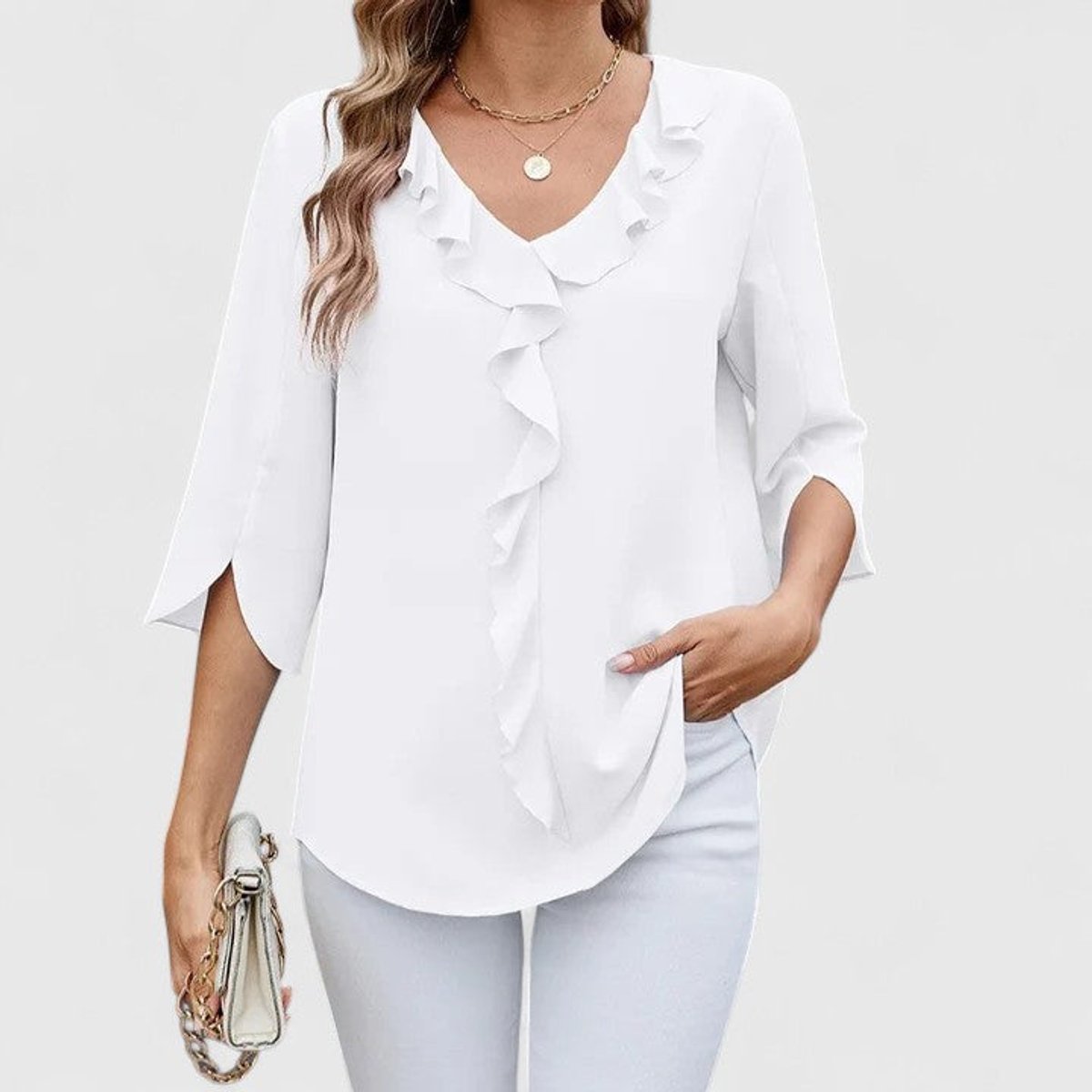 Blouse Col V à Volants Manches 3/4 Femme