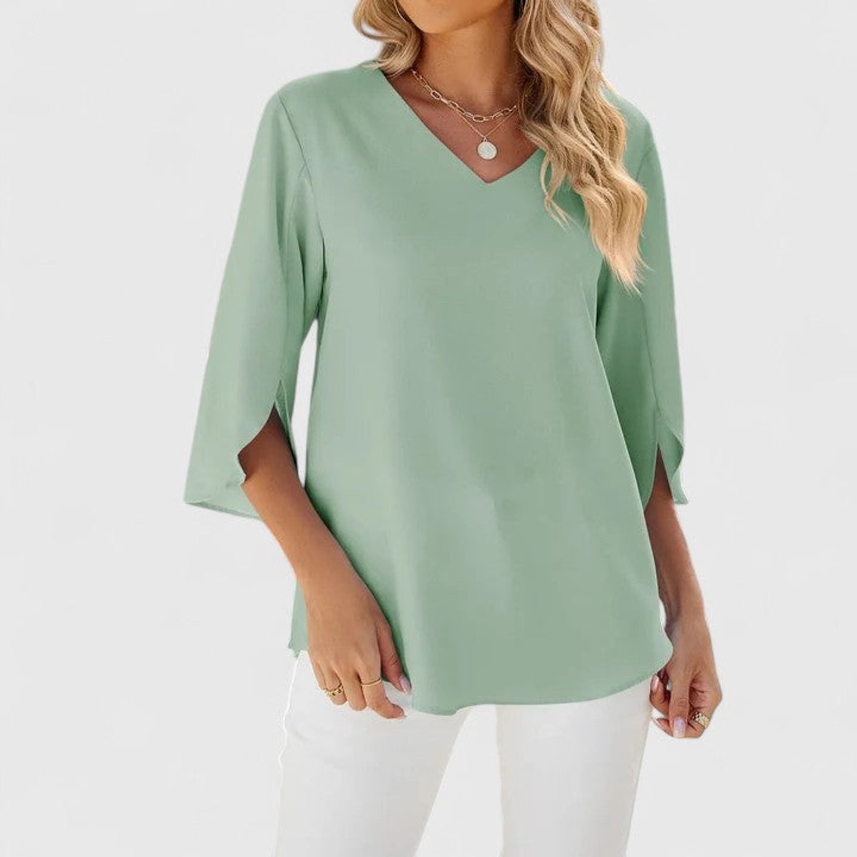Blouse Col V à Volants Manches 3/4 Femme