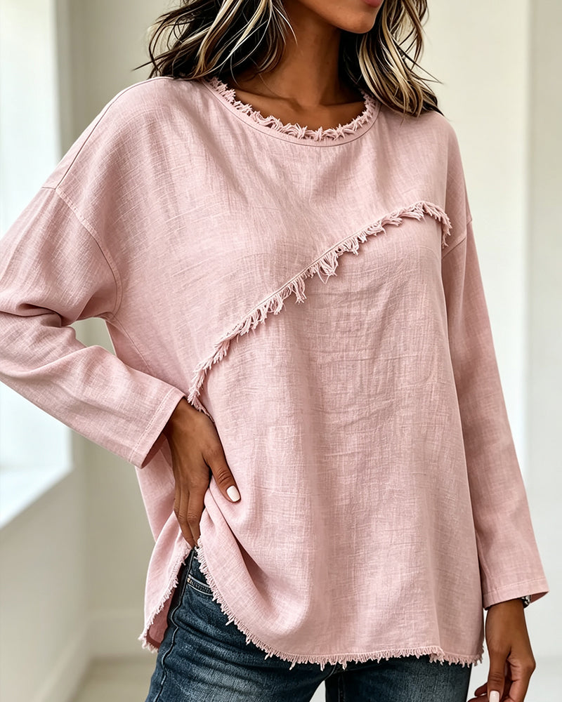 Blouse femme à franges avec détail asymétrique et col rond