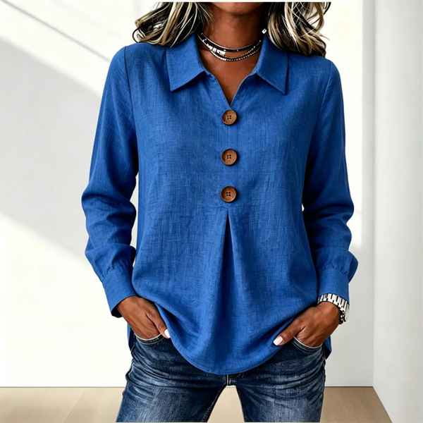 Blouse femme col classique boutons décoratifs manches longues - Bleu