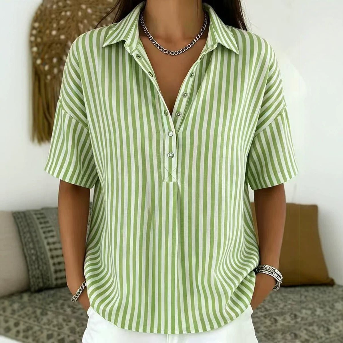 Blouse rayée col chemise manches courtes femme coupe décontractée