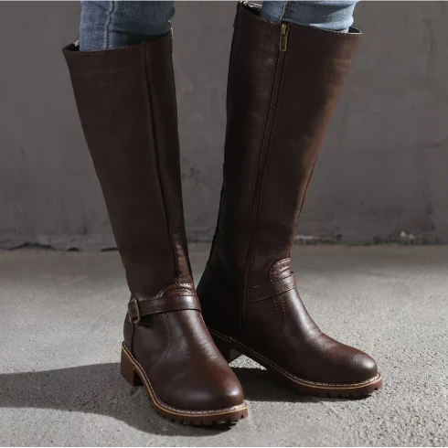 Bottes hautes en cuir femme à boucle et talon bloc - Marron Foncé