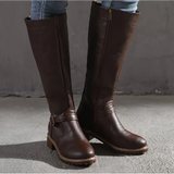 Bottes hautes en cuir femme à boucle et talon bloc - Marron Foncé