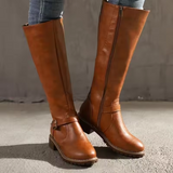 Bottes hautes en cuir femme à boucle et talon bloc - Marron Clair