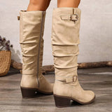 Bottes hautes en cuir femme talon bloc double boucle