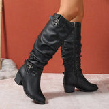 Bottes hautes en cuir femme talon bloc double boucle
