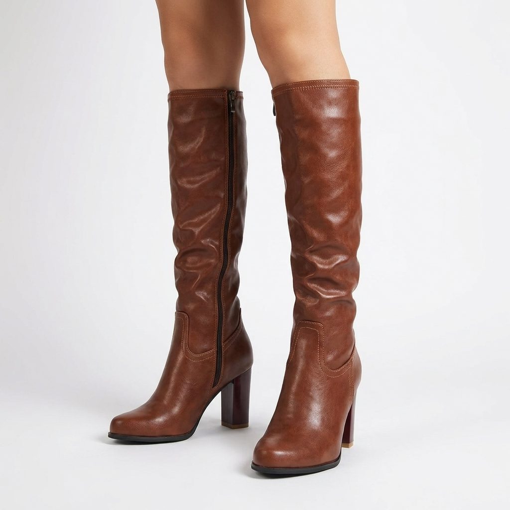 Bottes hautes femme en cuir talon bloc - Marron