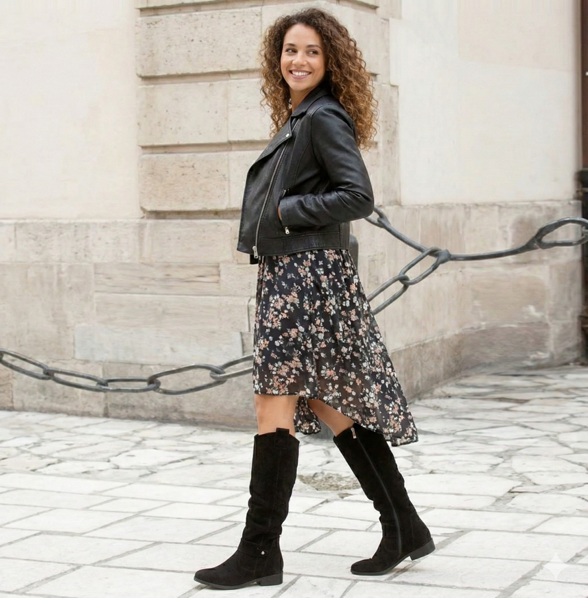 Bottes hautes femme en daim, talon carré, bout rond