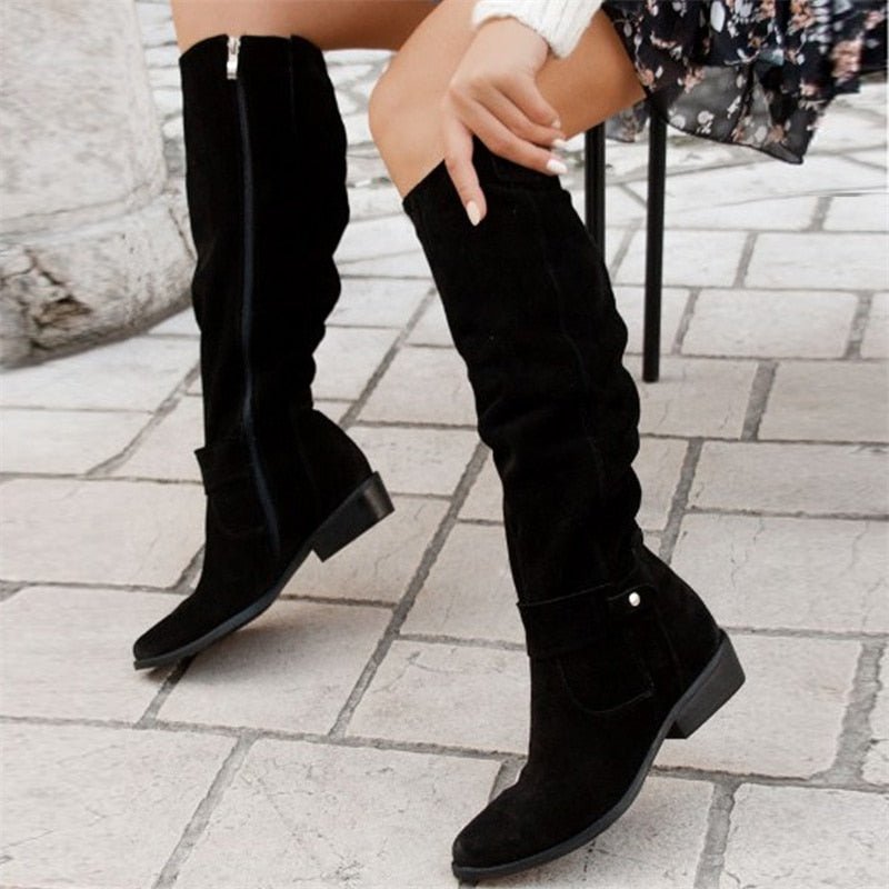 Bottes hautes femme en daim, talon carré, bout rond