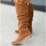 Bottes hautes femme en daim, talon carré, bout rond - Kaki