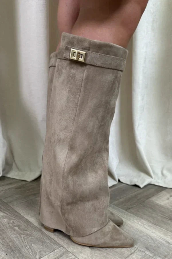 Bottes hautes femme en suédine talon compensé bout pointu