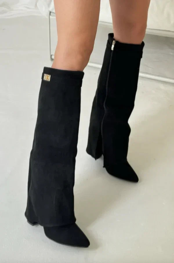 Bottes hautes femme en suédine talon compensé bout pointu