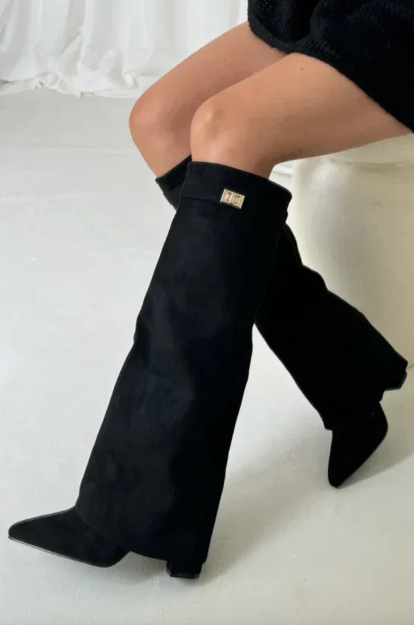 Bottes hautes femme en suédine talon compensé bout pointu
