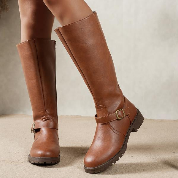 Bottes hautes femme en suédine avec boucle et semelle crantée - Marron