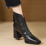 Bottines en cuir talon bloc femme bout carré - Noir