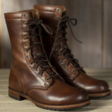 Bottines Lacets Femme Simili Cuir Talon Bloc Revers - Marron Foncé