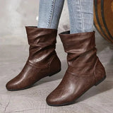 Bottines plates en cuir souple froncées femme - Marron Foncé
