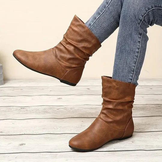 Bottines plates en cuir souple froncées femme - Marron