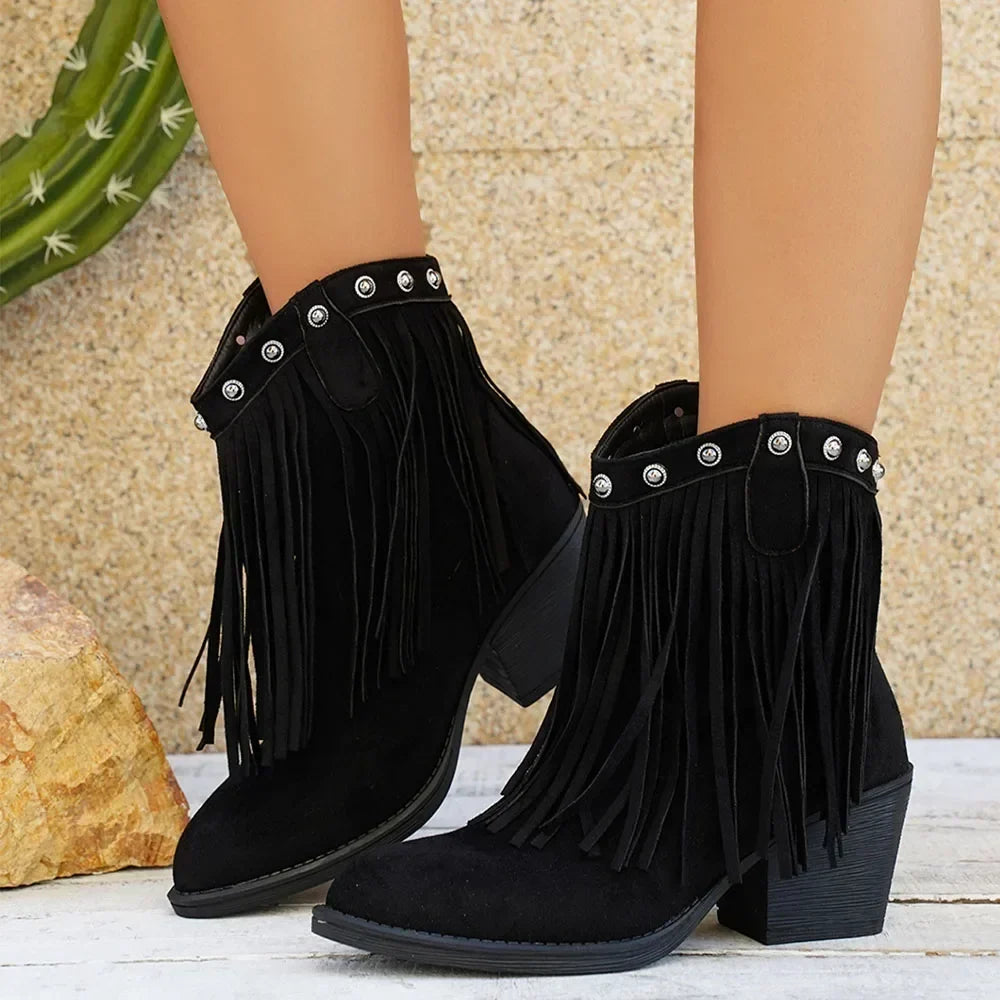 Bottines Santiag Femme Suédine à Franges - Noir