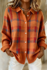 Cardigan à Carreaux Femme en Tricot Manches Longues