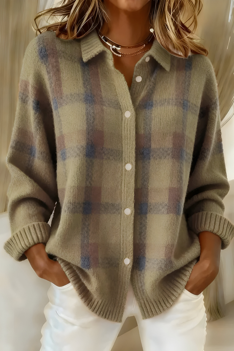 Cardigan à Carreaux Femme en Tricot Manches Longues