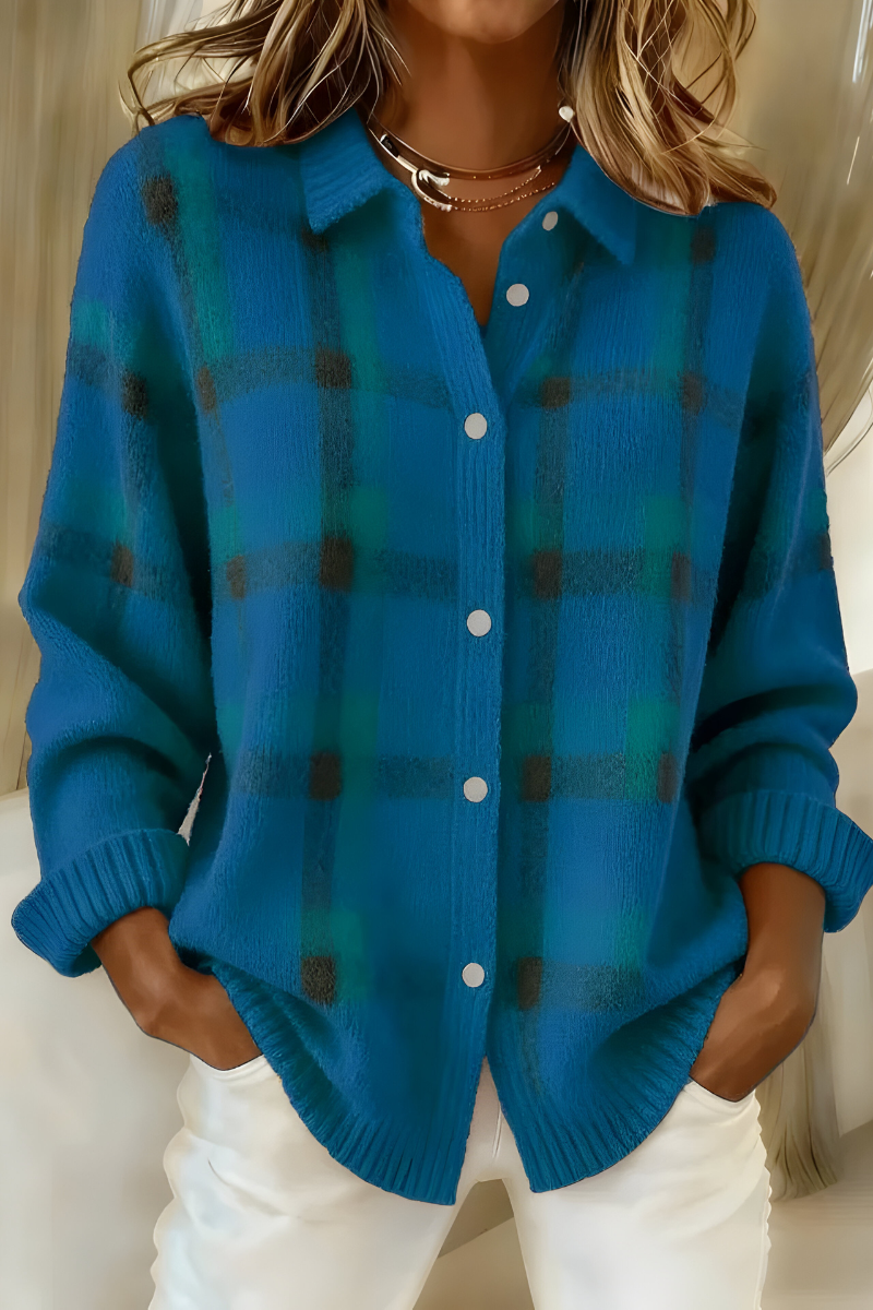 Cardigan à Carreaux Femme en Tricot Manches Longues